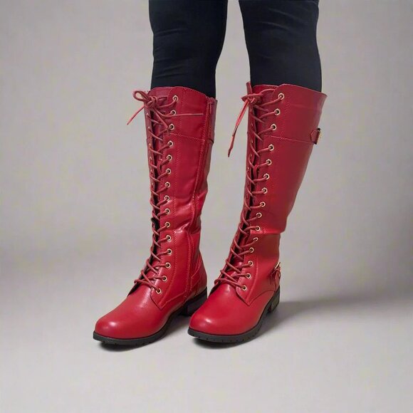 New Red Lace-Up Below Knee High Combat Moto Boot Low Block Heel Faux Leather Zip - Picture 1 of 4